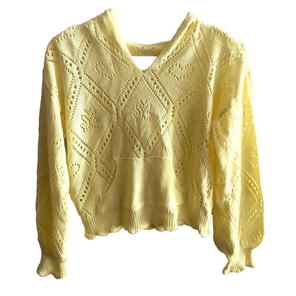 Lemon Drop Yellow Knit Heart Hoodie Sweater Long Sleeve Scalloped Preppy M Women - Picture 1 of 7